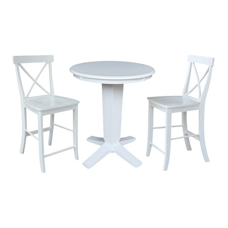 International Concepts 30 in. Solid Wood Round Top Pedestal Dining Table with 2 Counter Height Stools in White K08-30RT-23B-S6132-2